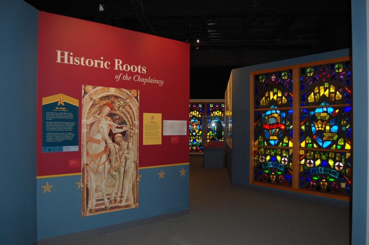 Historic Roots of the Chaplaincy museum exhibit inside the US Army Chaplain Corps Museum.